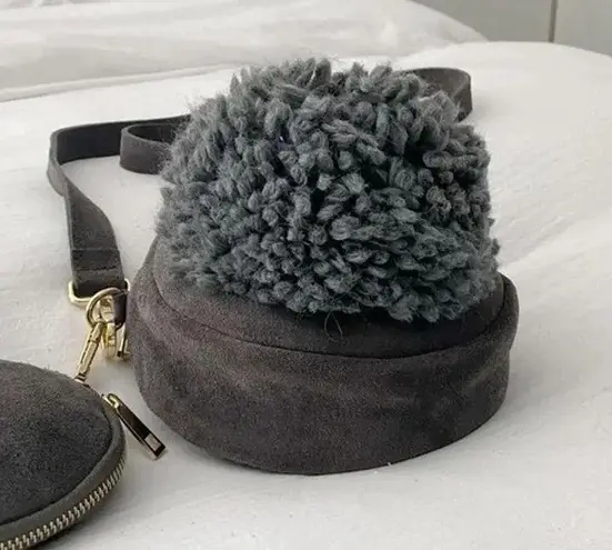 TSD12 Suede Leather Pompom Circle Crossbody Bag in Grey Retail $373