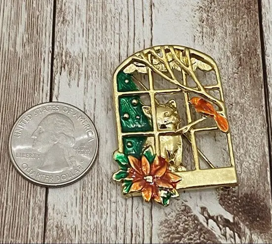 Vintage DANECRAFT Cat Bird Brooch Gold