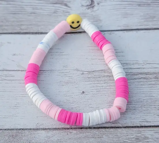 Pink & White Stretch Bracelet with a Smiley Face
