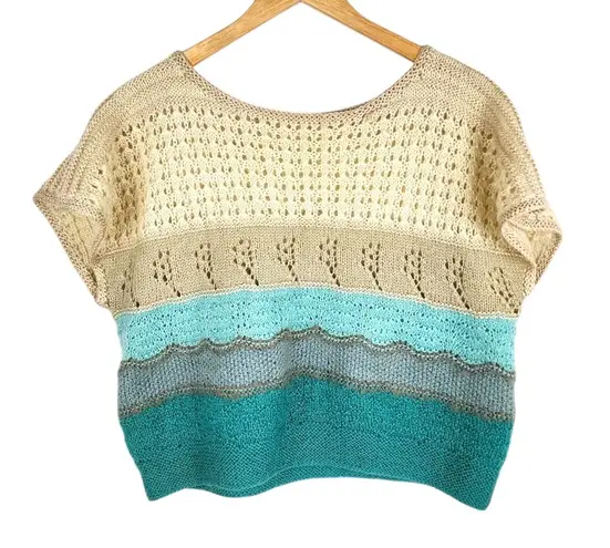 None Open Knit Sleeveless Sweater Crop Top Teal Cream Beige Short Sleeve Top