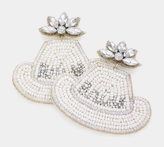 New Womens Boutique Bridal Bride Country Wedding Beaded Cowboy Hat Earrings White
