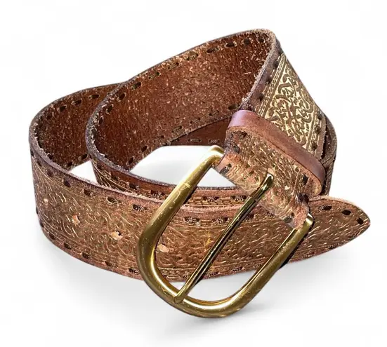 Golden Embossed Brown Leather Belt with Solid Brass Buckle size Medium