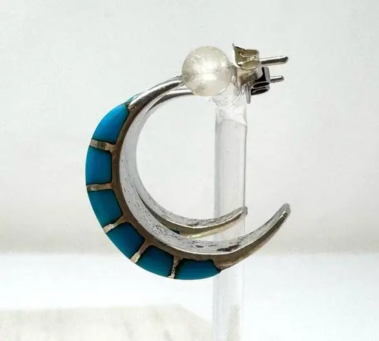 Sterling silver and inlaid turquoise half moon earrings, vintage