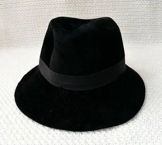 Helen Kaminski Australia Black Rabbit Fur Felt Ribbon Trim Fedora Classic Hat OS