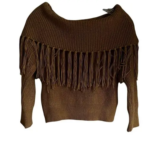 Angashion Off Shoulder Fringe Gold Sweater