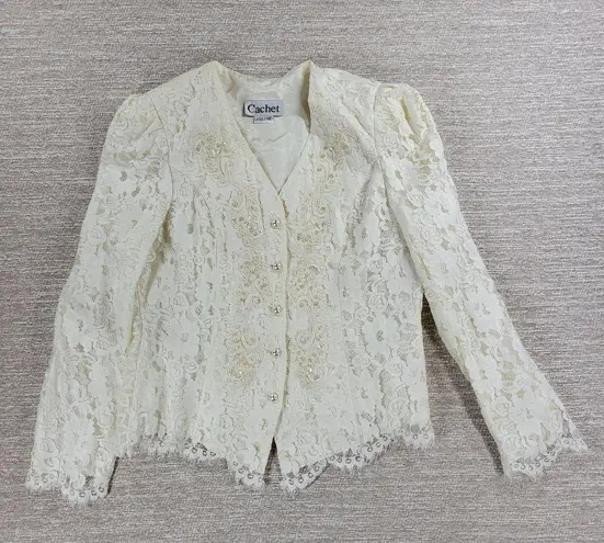 VTG Cachet Lace Jacket Womens 12 White Sequin Pearl Button Victorian Bridal