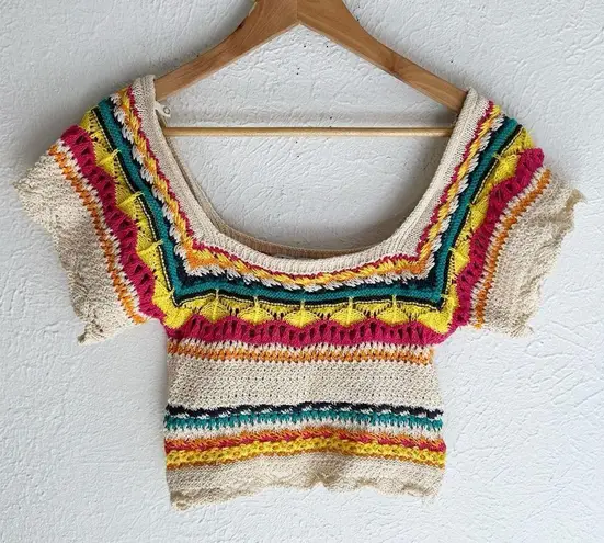 ZARA  Multicolor Knit Top Striped Off Shoulder Sz Small Cream