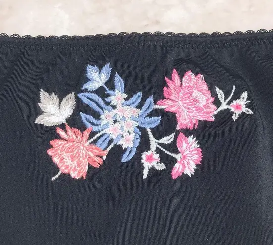 Topshop Black and Pink  Floral Embroidered String Bikini Bottoms