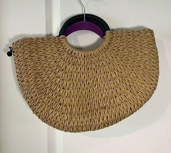 Handmade Unbranded Savanna Weave Styled Woven Bag w/ Black Trim Pom-Poms and Ribbon