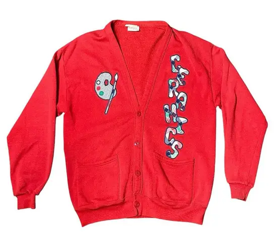 Vintage The Pampered Patch Hand Sewn Ceramics Art Red Cardigan Medium 1980’s B7