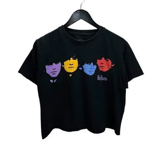 Oversized 2009 Beatles Women's Crop Top Medium Raw Hem Colorful Faces Y2K Style Black