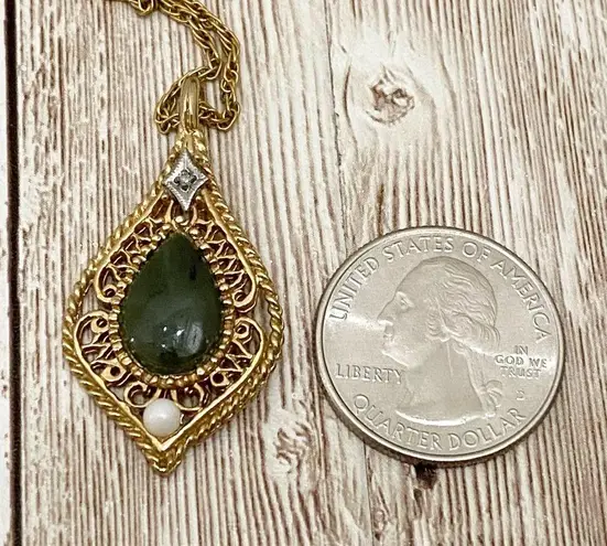 GF Vintage  Filigree Jade Teardrop Diamond Necklace