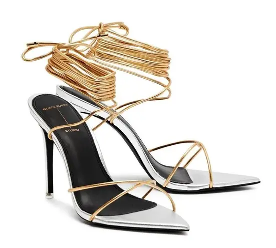 Black Suede Studio Talia Heel Pointy Sandal in Silver Gold 39 New with Box Women Size 8