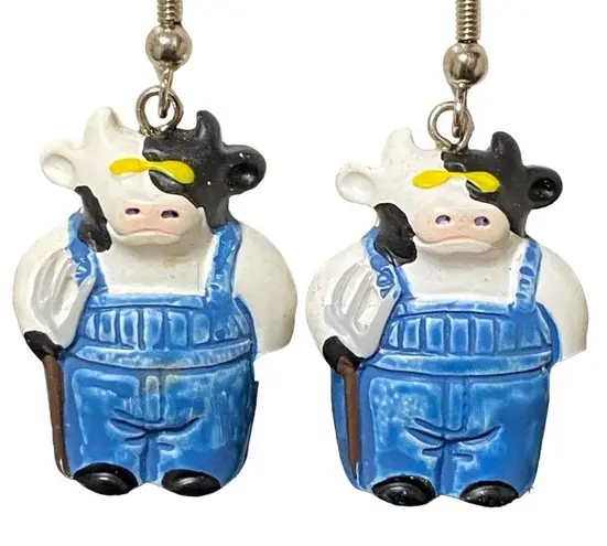 Vintage 90s Claire’s Cow Earrings Farm Animal Western Kitsch Y2K Dangle 1.5” Blue