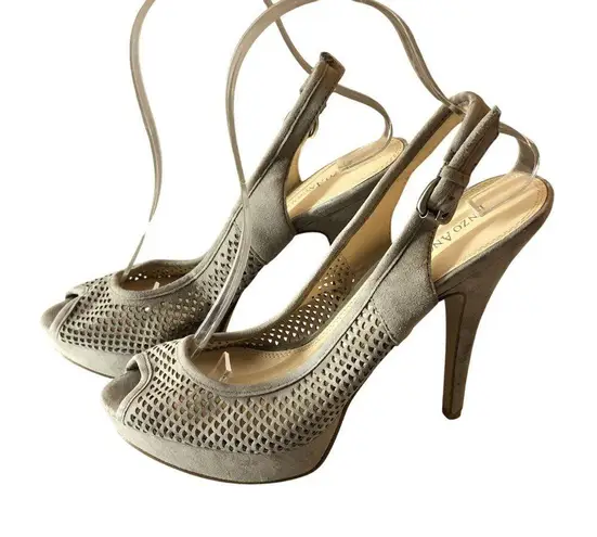 Enzo Angiolini Eascarla Suede Stiletto Cage Heels Peeptoe Slingback Beige 8.5