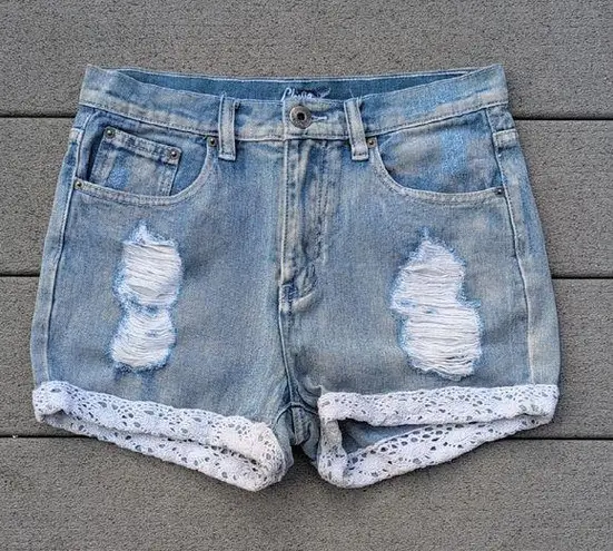 ChiQle Denim Lace Hem Distressed Jean Shorts | Lace Trim Jean Shorts Blue Size M
