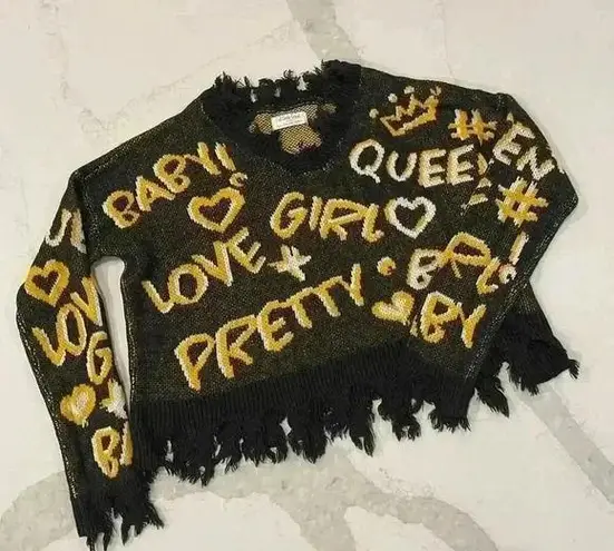 Full Circle Trends Cropped Frayed Knit VNeck Sweater Pretty Print Women's Medium