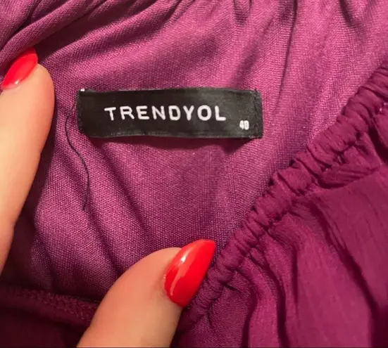 TRENDYOL MİLLA Plum Carmen Collar Midi Dress Off the Shoulder Ruffle Size 40/L Size L