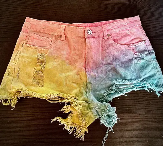 Unif Pastel Tie Dye Jean Shorts Distressed Denim 2010s Cut Offs Festival Rave