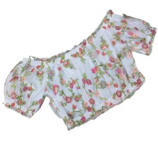 Ambiance Apparel NWT off the shoulder crop top white w/ pink embroidered flowers sz medium