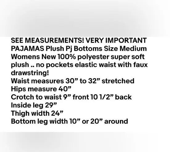 VERY IMPORTANT PAJAMAS Pull On Soft Plush Pj Bottoms Size Medium Womens New