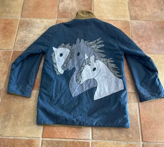 AMAZING Handmade reversible embroidered Horses quilted cotton Chambray Jacket Size L