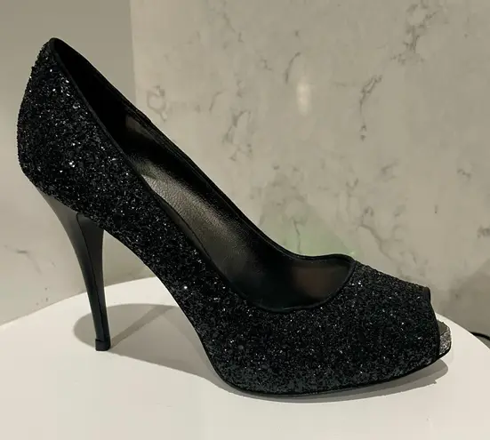 Giuseppe Zanotti Black Sparkle Peep Toe Heels Sz 39.5