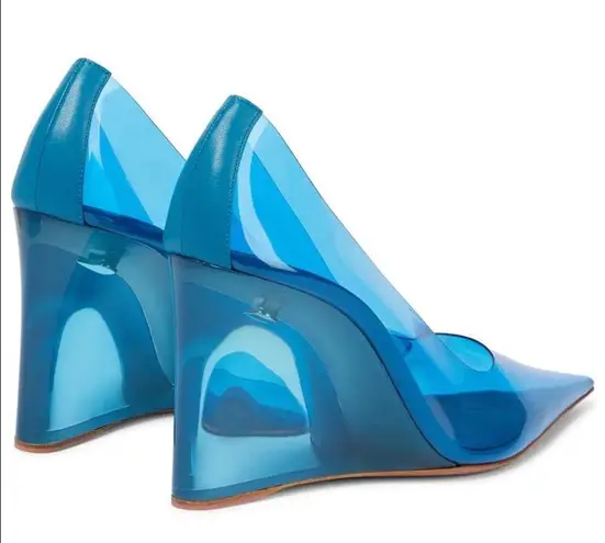 Amina Muaddi NEW Ane Pointed Toe PVC Glass Patent Wedges Heels Blue US 7.5