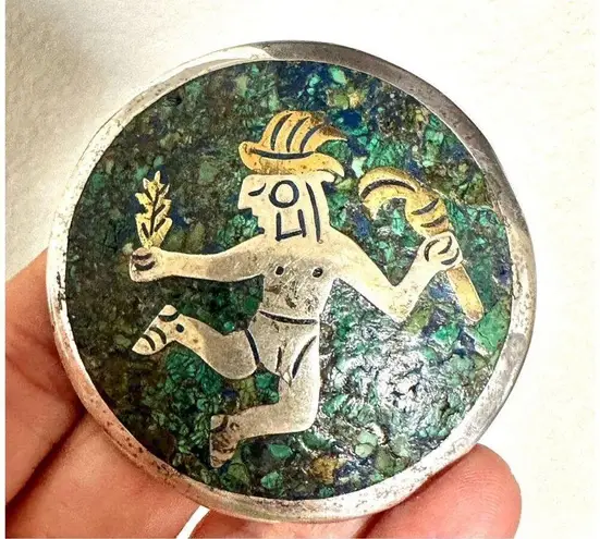 Mexico Taxco Sterling silver and brass mosaic Turquoise and lapis lazuli Aztec Blue