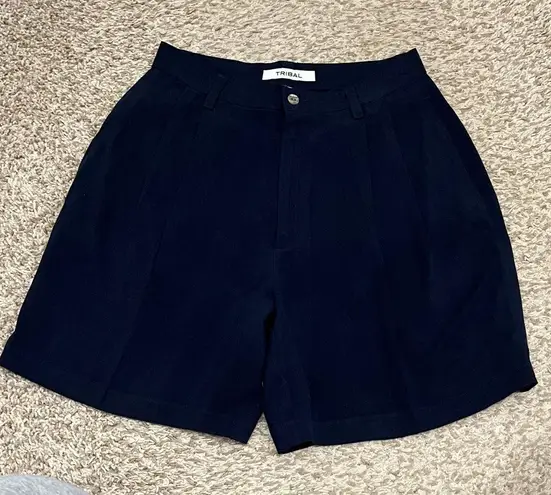 Tribal Midnight Navy Blue Pleated High Rise 100% Silk Shorts