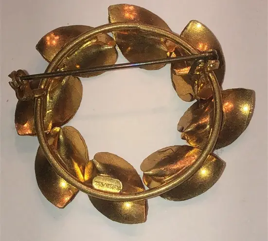 Austria Vintage Gold Tone Amber Color CZ Rhinestone Round Floral Brooch