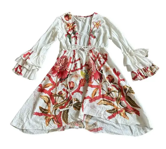 Antica Sartoria White Bohemian Tropical Print Dress Swimsuit Cover Up Size Small