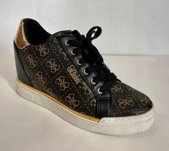 Guess  GW Flowurs Wedge Sneakers in Brown and Metallic Gold Multi 8.5M