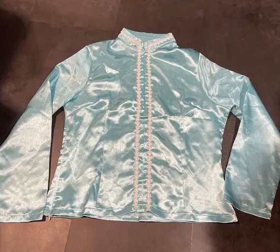 Elegant Teal satin Jacket with Floral Lace Trim Formal Evening Wear Size M