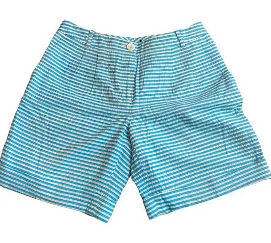 Brooks Brothers Seersucker Short Size 4 Aqua Blue and White Stripe 100% Cotton
