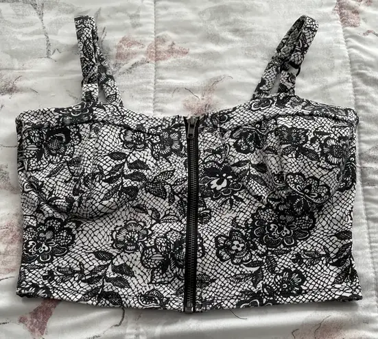 Zenana Outfitters The Arte by Black White Lace Zip Front Bustier Corset Crop Top, size S
