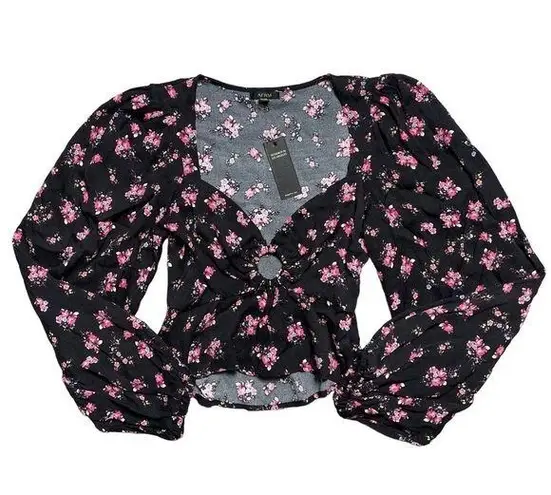 AFRM Black Floral Print Long Sleeve Crop Blouse XS