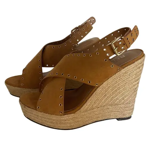 Report Wedge Sandals Caden Espadrille Studded Tan Platform Peep Toe Boxed Sz 7