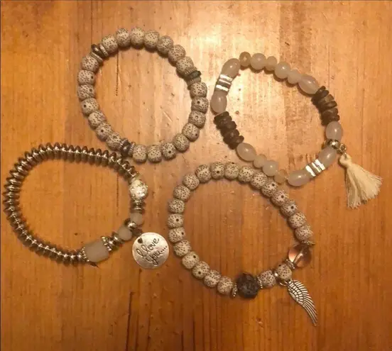 Boho Bead Stretch Stack Gypsy Tassel Bracelets White