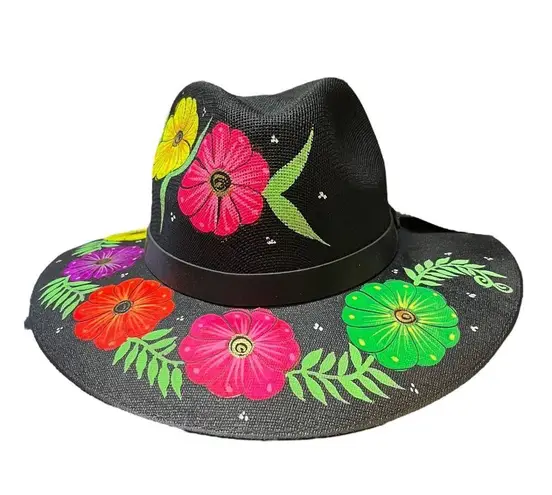 HAT MEXICAN Artisanal Hand Painted Fedora Floral Sombrero Panama Bohemian Black