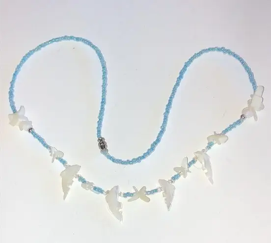 Vintage Blue  Seed Bead Beaded Carved Dolphin Shell Boho Necklace