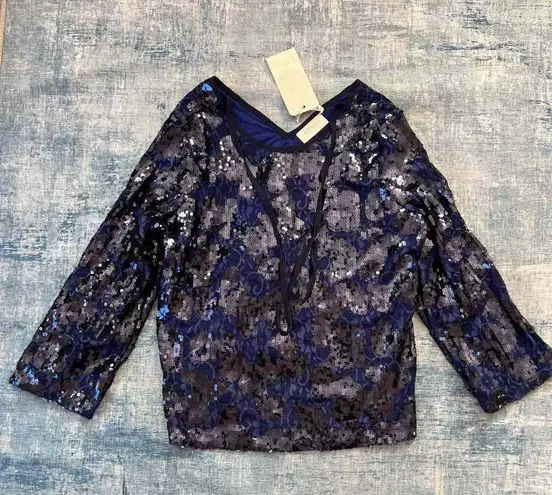 La Bellum Hilary Scott Indigo Sequin Lace Tie Neck Blouse 2x