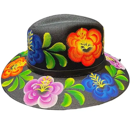 HAT MEXICAN Artisanal Hand Painted Fedora Floral Sombrero Panama Bohemian Black