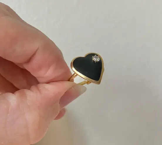 Black Heart & Rhinestone Gold Ring Onyx Obsidian Midnight Goth Classic Vintage Jewelry