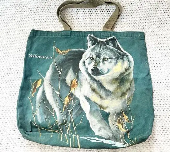 Yellowstone Vintage 90s Full Hunting Wolf In Leaves Green Canvas Souvenir Tote