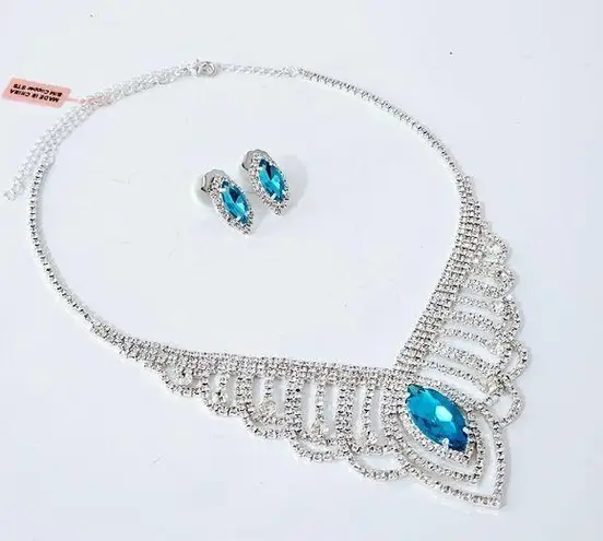 Blue Topaz Crystal Bridal Prom Necklace Set Silver
