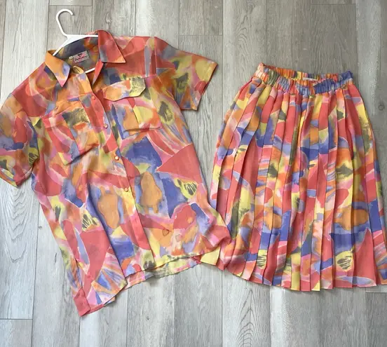 Vintage Artsy Set watercolor button up shirt pleated skirt womens Red (medium)