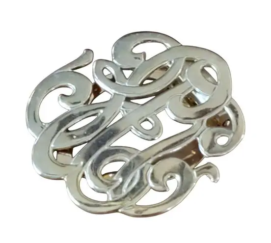 Vintage Gold Tone Monogram Scarf Clip Dress Shoe Badge Retro Swirl Pierced Clamp