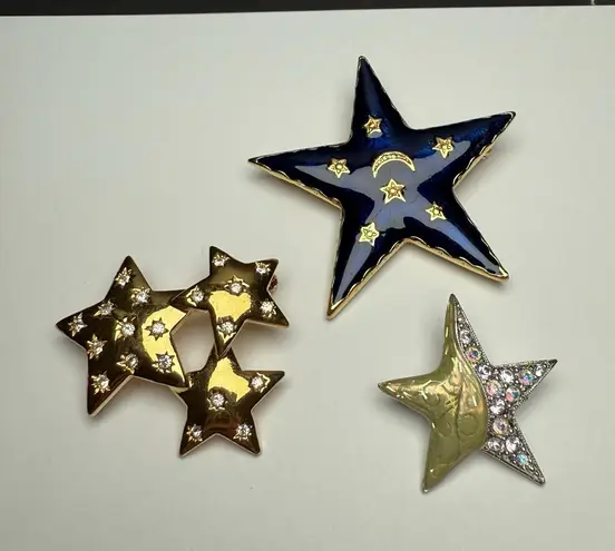 Star Shape Rhinestone Or Enamel Mix Brooch Pin Lot Of 3