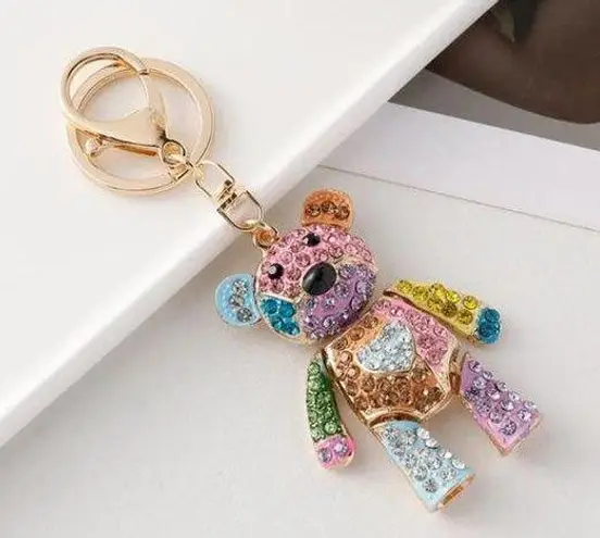 Bear Bag Keychain Bag Charm Key Fob Colorful Rhinestone Pink